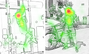 Heatmaps of a woman climbing and a man posing with a bicycle
